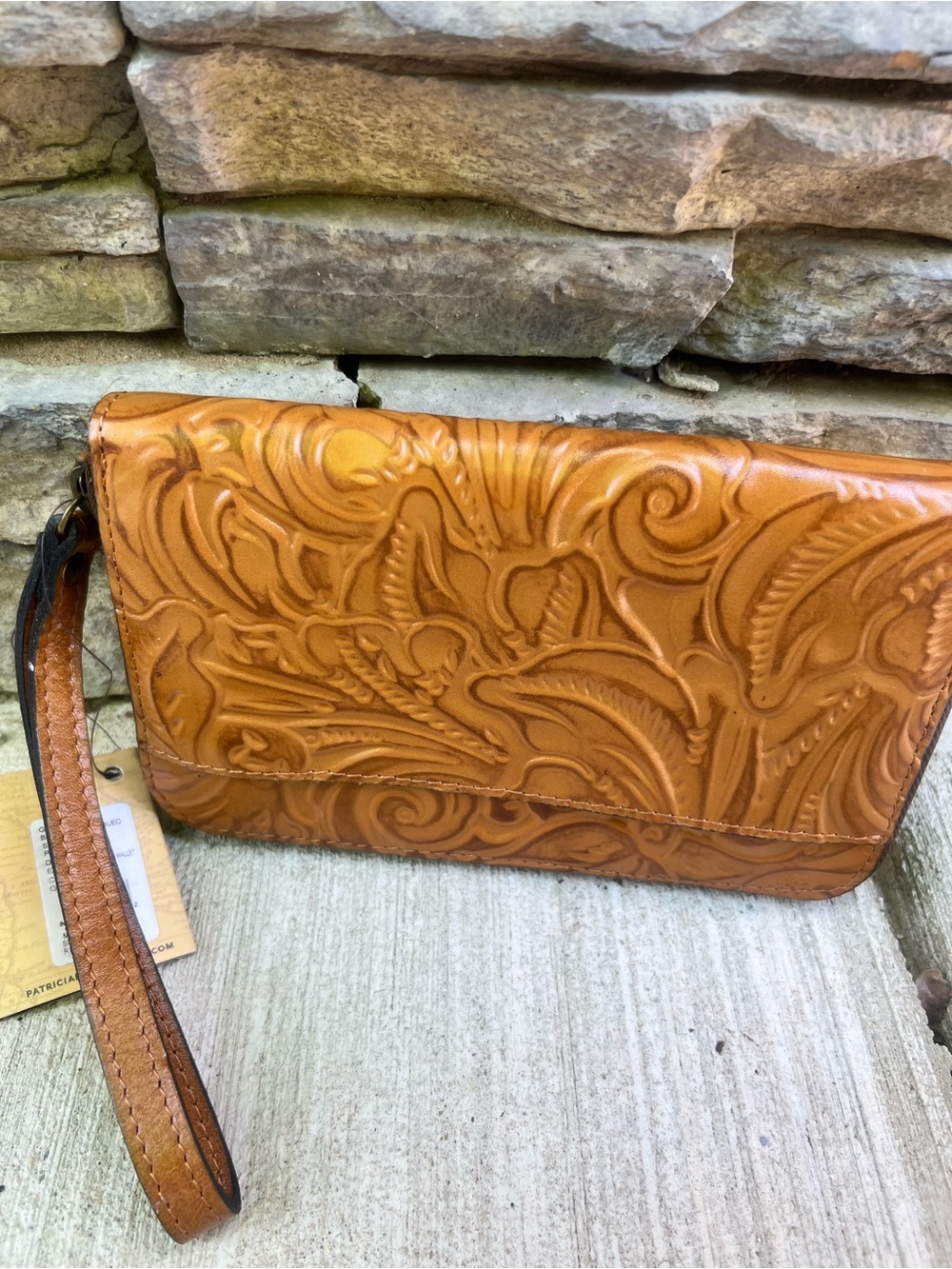 Patricia Nash Embossed Floral Leather Wristlet / Wallet in Tan